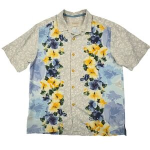 Tommy Bahama Silk Hawaiian Camp Shirt Mens L Blue Yellow Floral‎ Short Sleeve